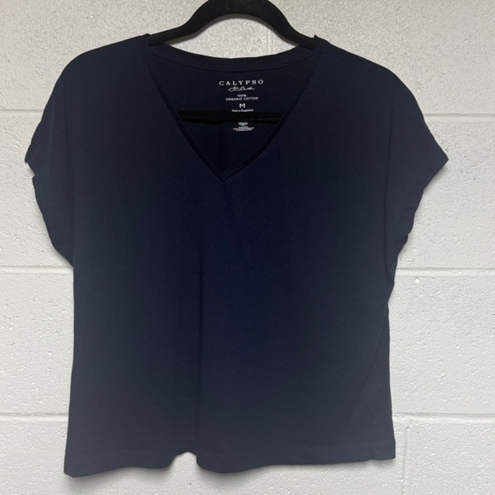 Calypso St Barth Navy Blue Organic Cotton V-Neck Top T-Shirt Medium